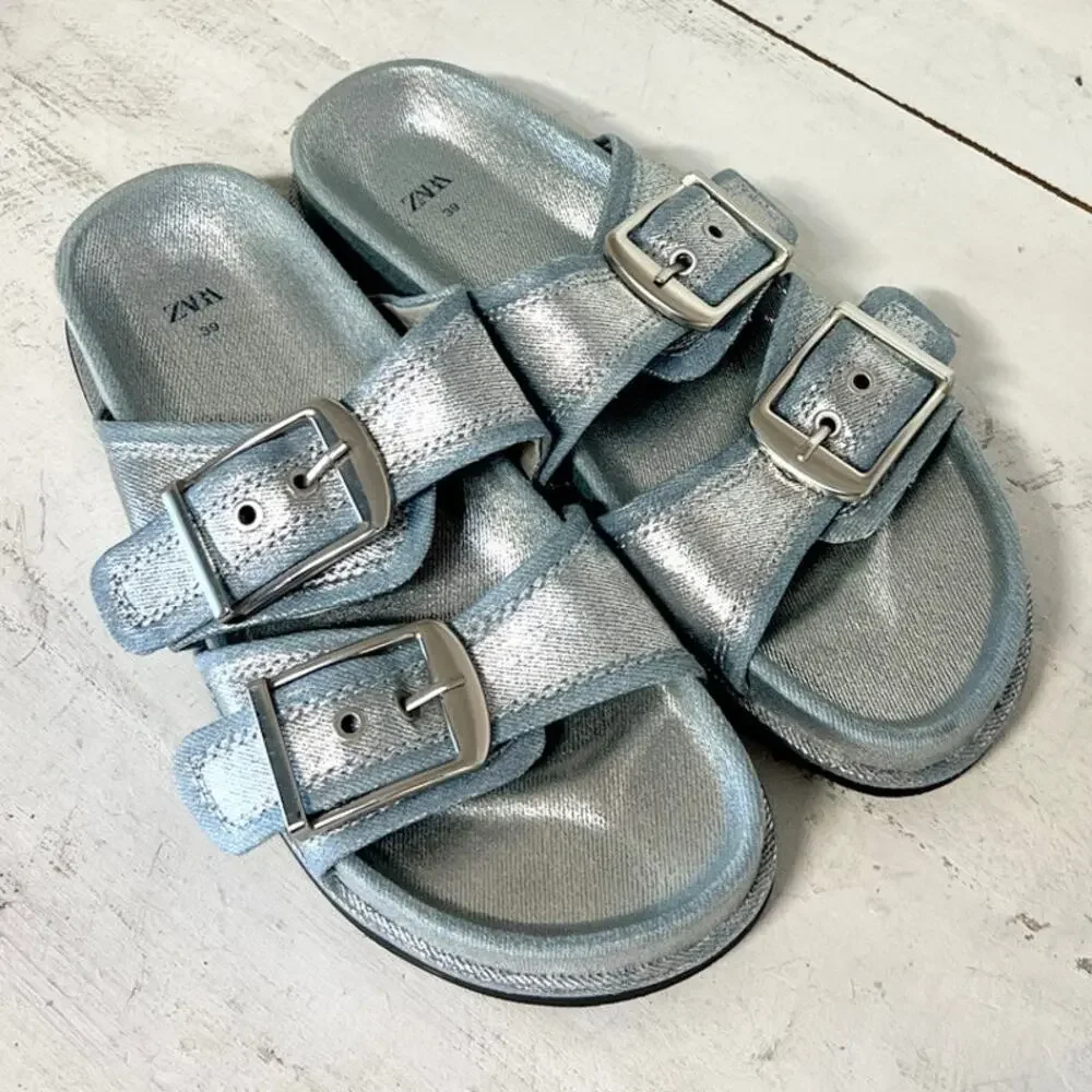 Zara Metallic Light Blue Double Buckle Slide Sandals - Picture 4 of 8